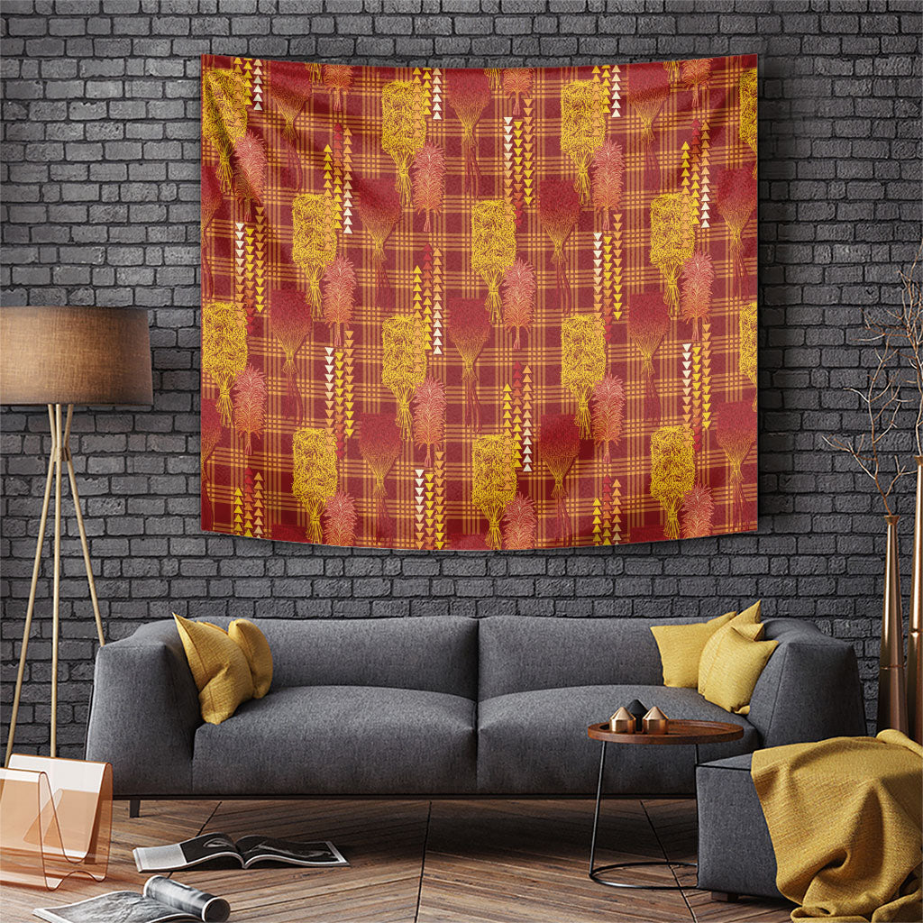 Aloha Hawaii Vintage Kahili Pa'a Lima Tapestry Palaka Print Hilo Royal Red-Yellow