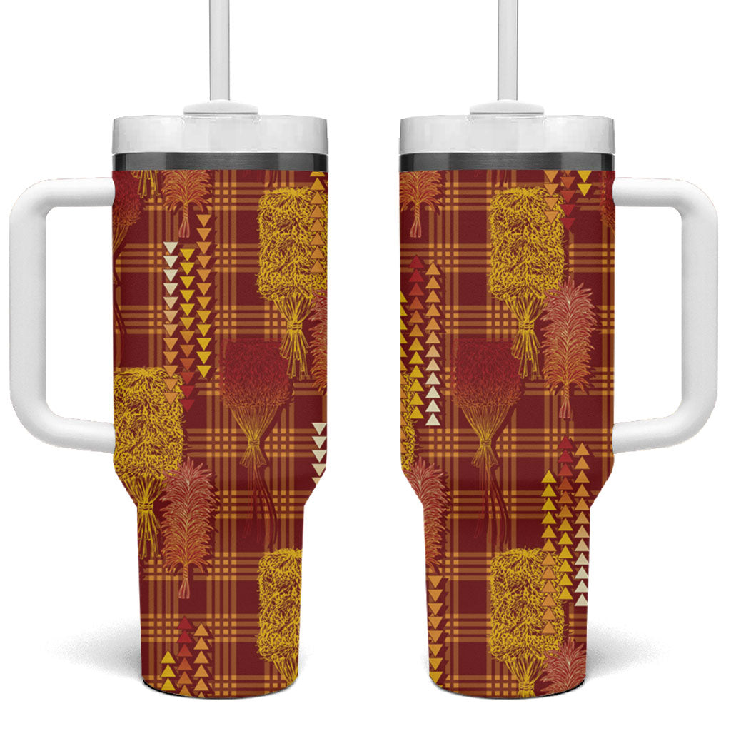 Aloha Hawaii Vintage Kahili Pa'a Lima Tumbler With Handle Palaka Print Hilo Royal Red-Yellow