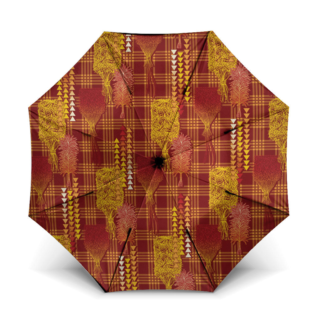 Aloha Hawaii Vintage Kahili Pa'a Lima Umbrella Palaka Print Hilo Royal Red-Yellow