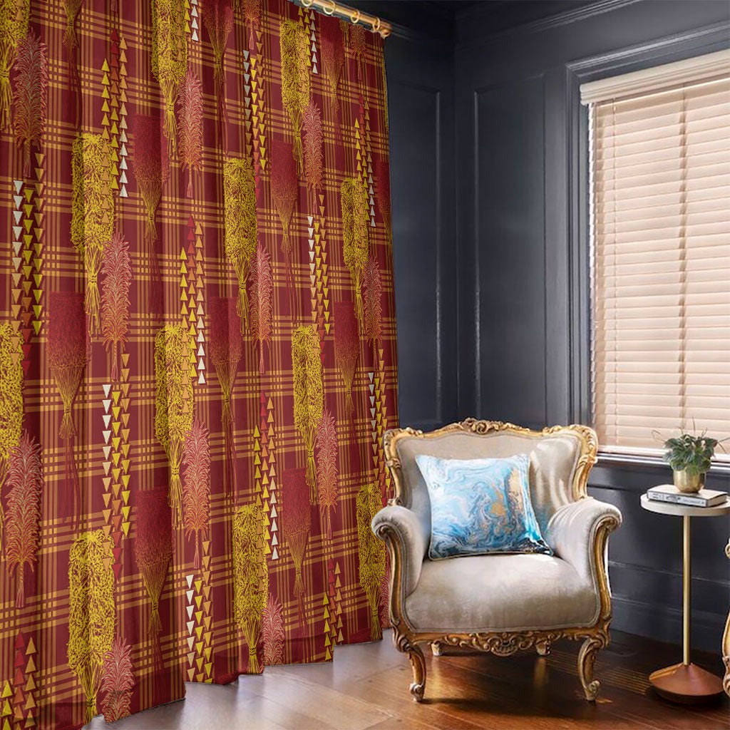 Aloha Hawaii Vintage Kahili Pa'a Lima Window Curtain Palaka Print Hilo Royal Red-Yellow