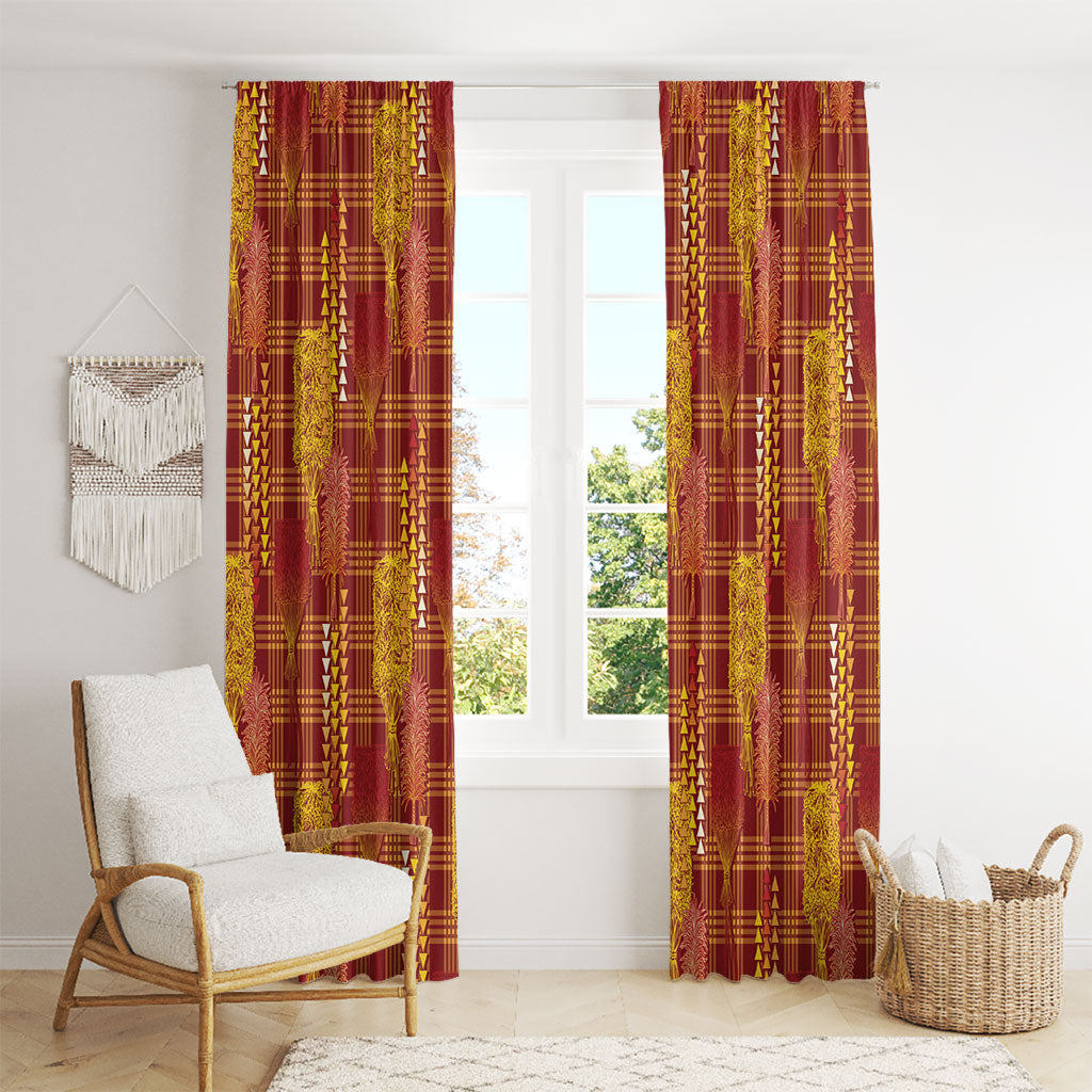 Aloha Hawaii Vintage Kahili Pa'a Lima Window Curtain Palaka Print Hilo Royal Red-Yellow
