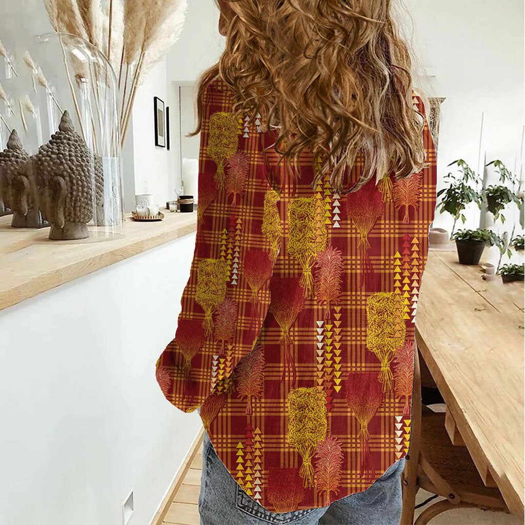 Aloha Hawaii Vintage Kahili Pa'a Lima Women Casual Shirt Palaka Print Hilo Royal Red-Yellow