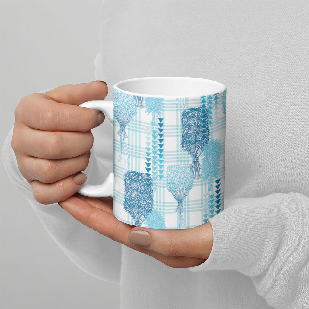 Aloha Hawaii Vintage Kahili Pa'a Lima Ceramic Mug Palaka Print Oceanic Turquoise