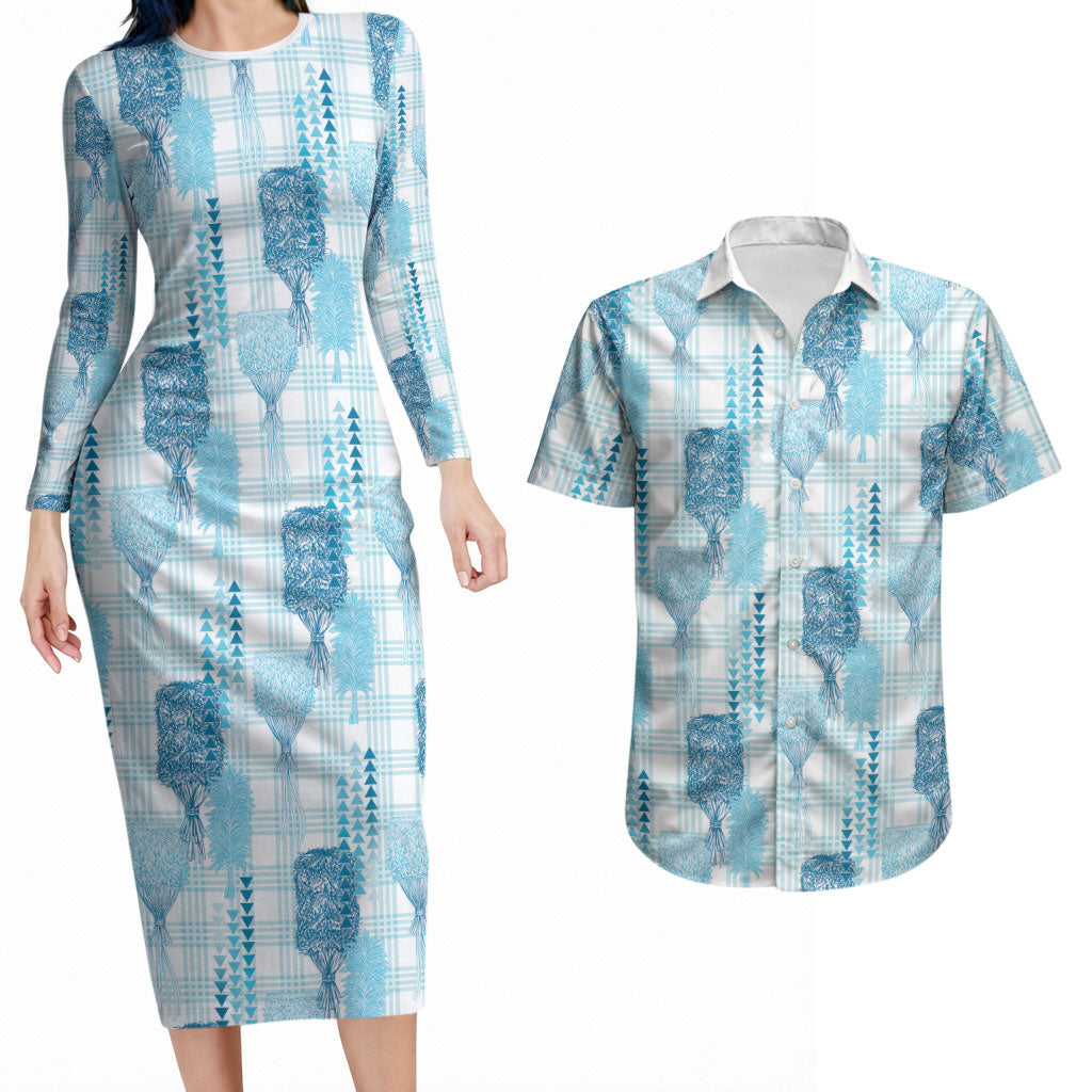 Aloha Hawaii Vintage Kahili Pa'a Lima Couples Matching Long Sleeve Bodycon Dress and Hawaiian Shirt Palaka Print Oceanic Turquoise LT7 Turquoise - Polynesian Pride