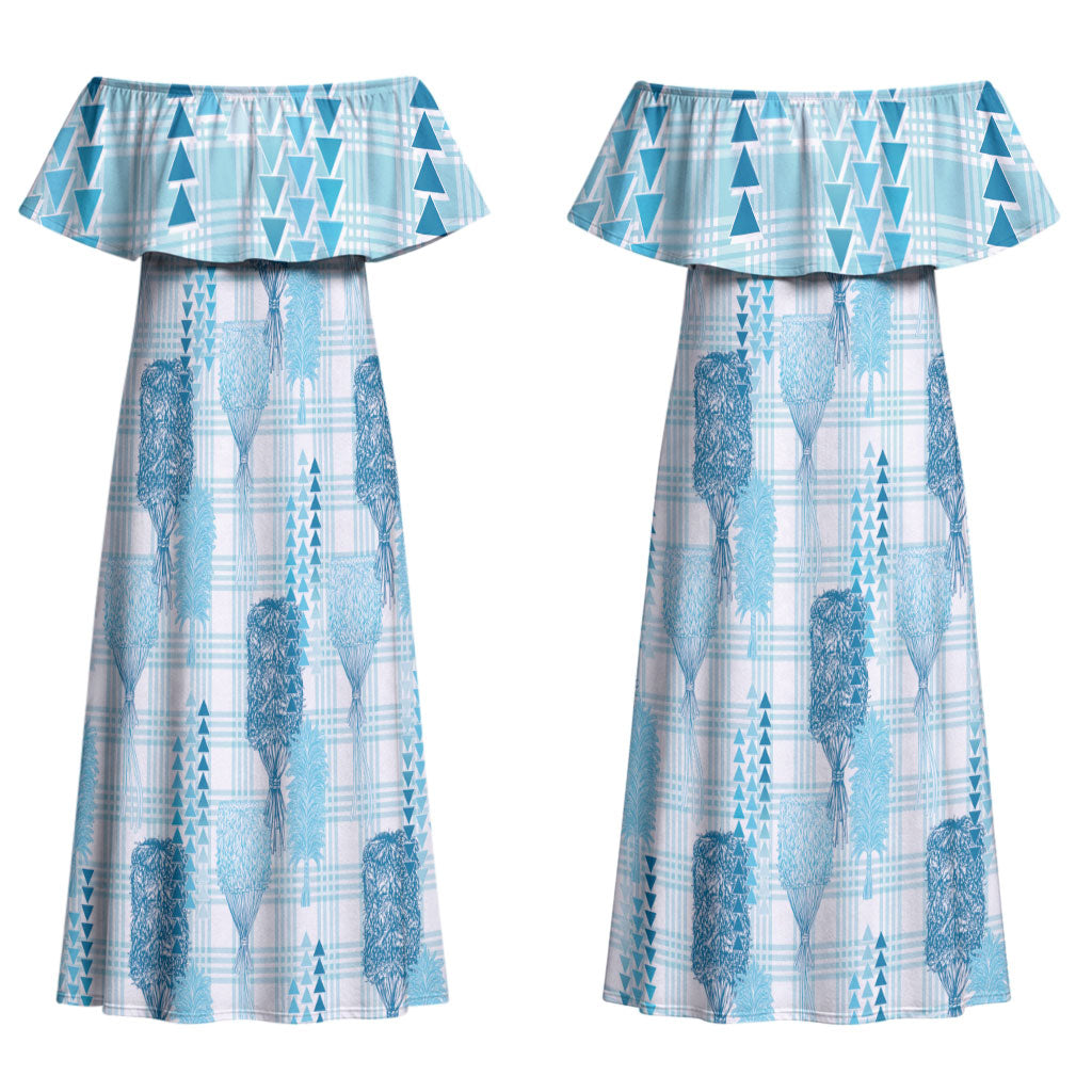 Aloha Hawaii Vintage Kahili Pa'a Lima Couples Matching Off Shoulder Maxi Dress and Hawaiian Shirt Palaka Print Oceanic Turquoise