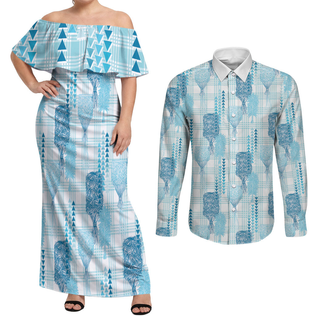 Aloha Hawaii Vintage Kahili Pa'a Lima Couples Matching Off Shoulder Maxi Dress and Long Sleeve Button Shirt Palaka Print Oceanic Turquoise