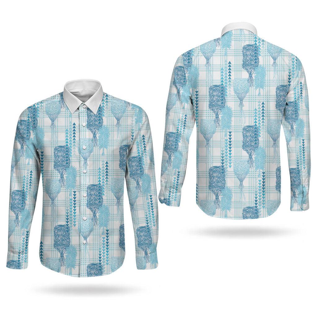 Aloha Hawaii Vintage Kahili Pa'a Lima Couples Matching Off Shoulder Short Dress and Long Sleeve Button Shirt Palaka Print Oceanic Turquoise