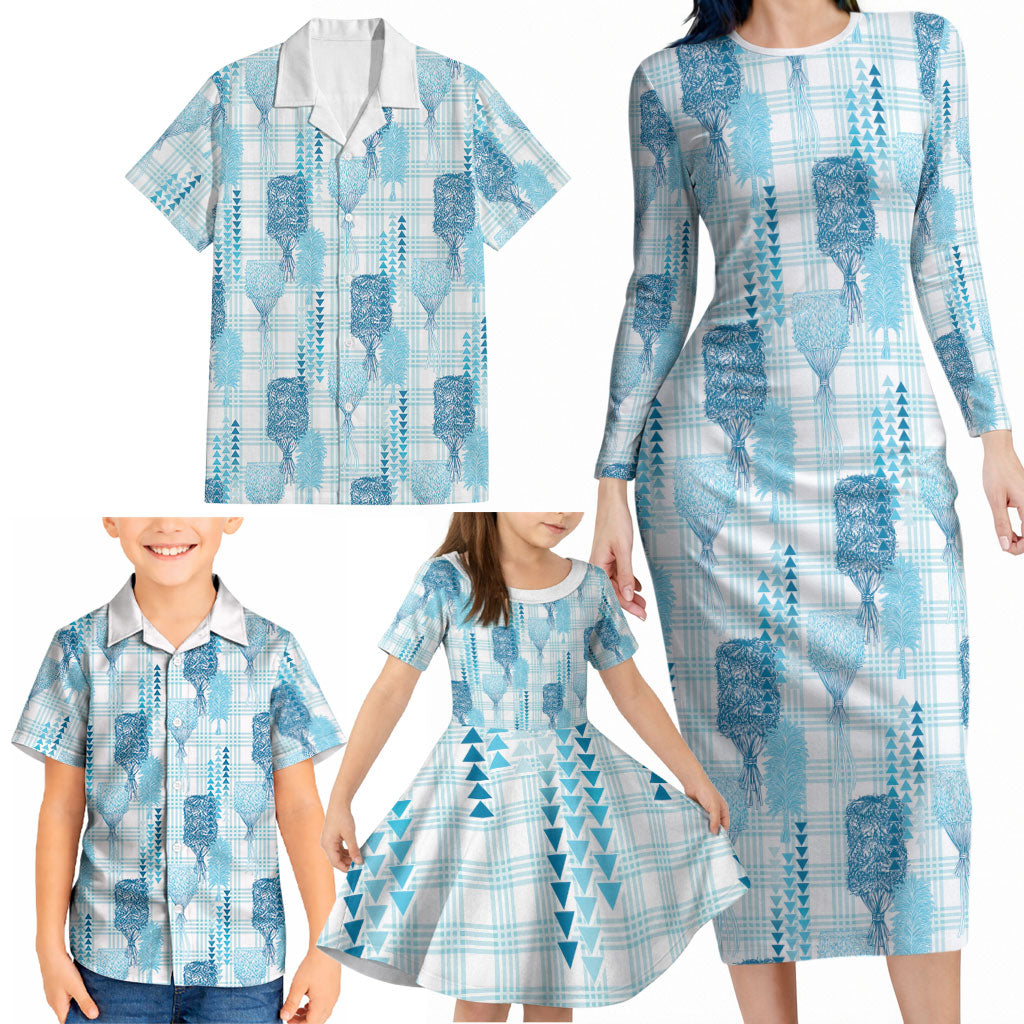 Aloha Hawaii Vintage Kahili Pa'a Lima Family Matching Long Sleeve Bodycon Dress and Hawaiian Shirt Palaka Print Oceanic Turquoise LT7 - Polynesian Pride