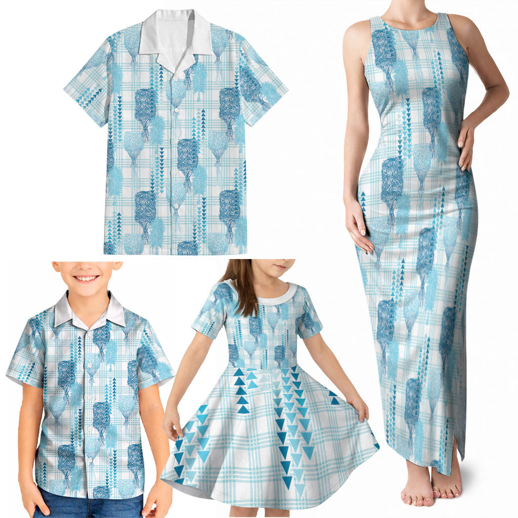 Aloha Hawaii Vintage Kahili Pa'a Lima Family Matching Tank Maxi Dress and Hawaiian Shirt Palaka Print Oceanic Turquoise LT7 - Polynesian Pride