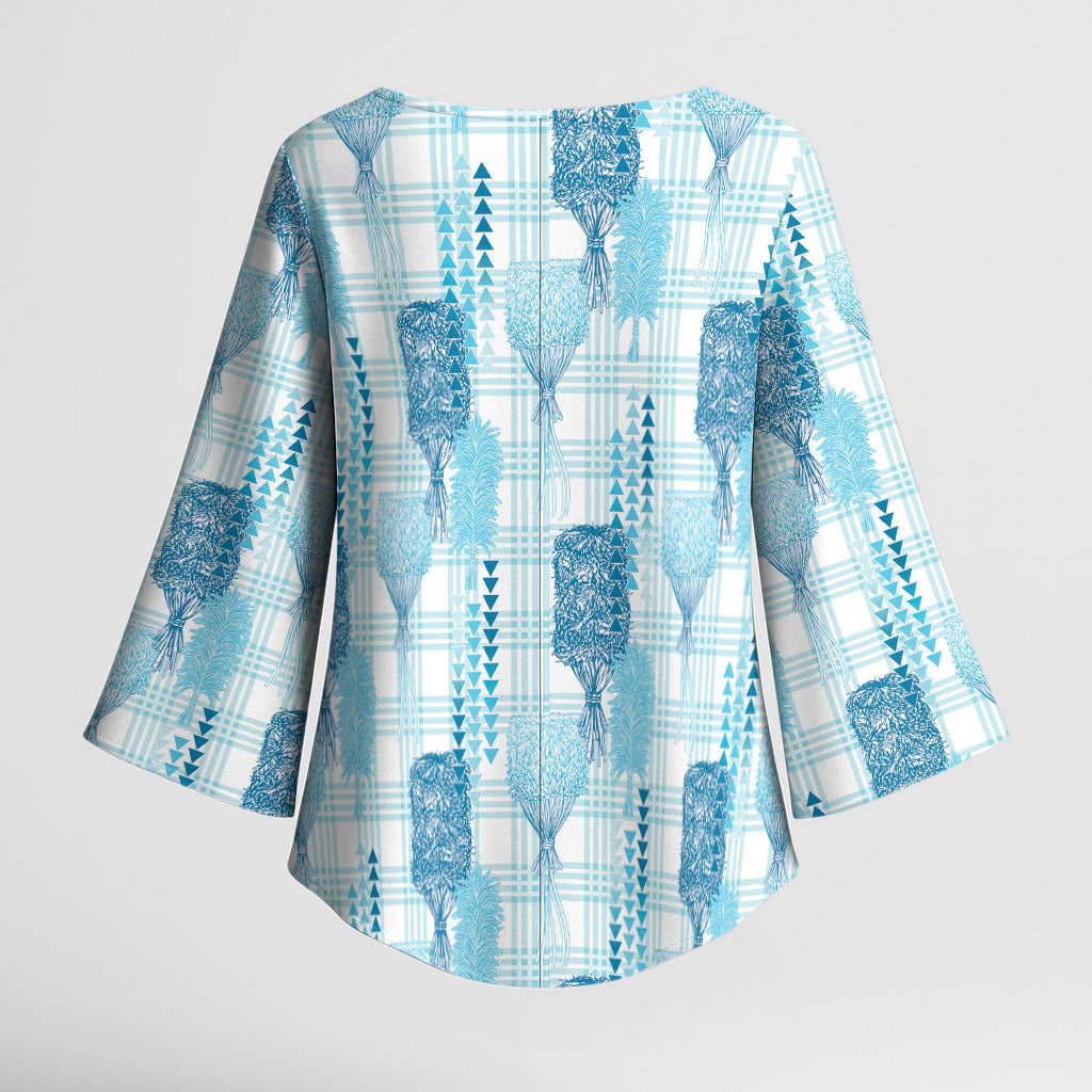 Aloha Hawaii Vintage Kahili Pa'a Lima Kimono Sleeve Blouse Palaka Print Oceanic Turquoise