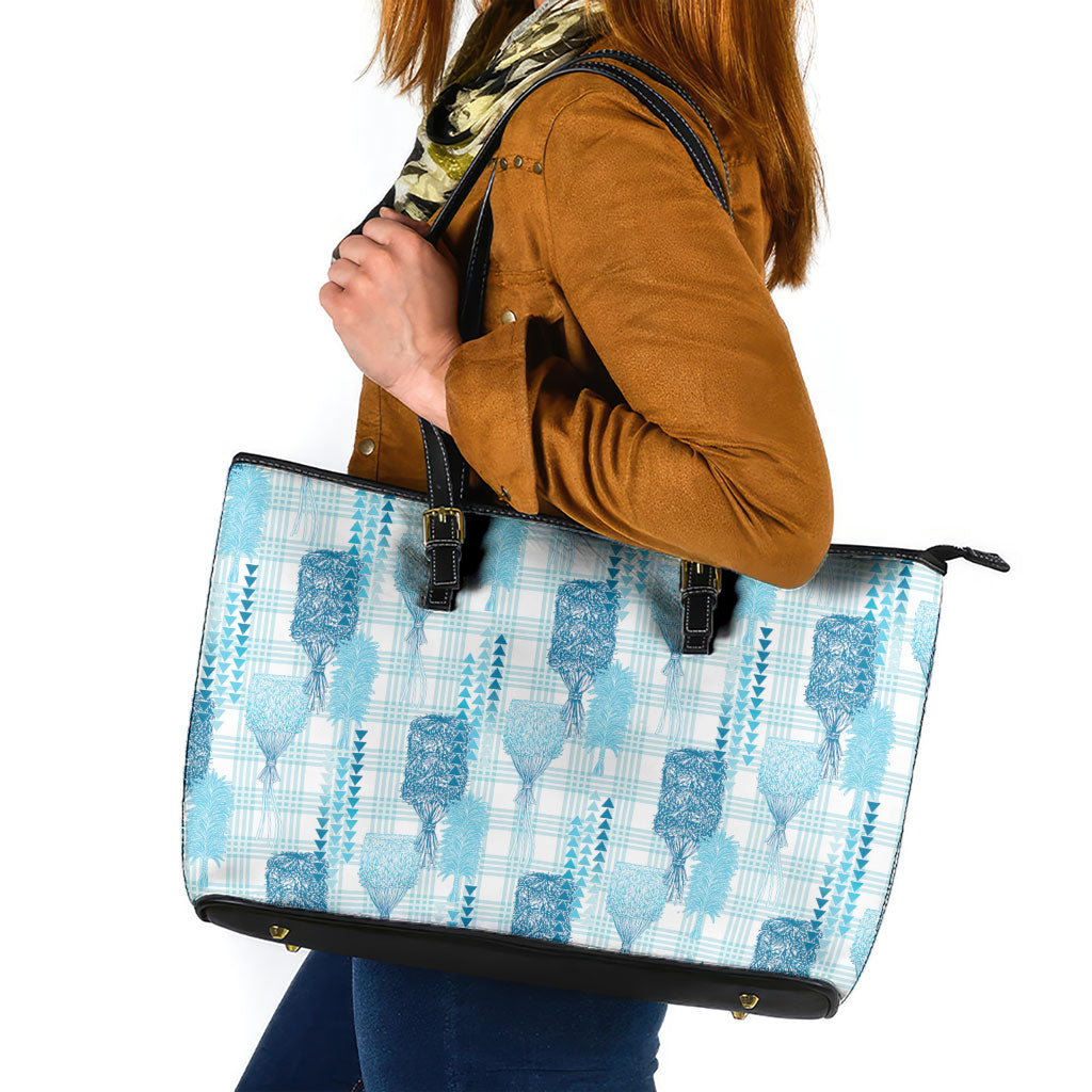 Aloha Hawaii Vintage Kahili Pa'a Lima Leather Tote Bag Palaka Print Oceanic Turquoise