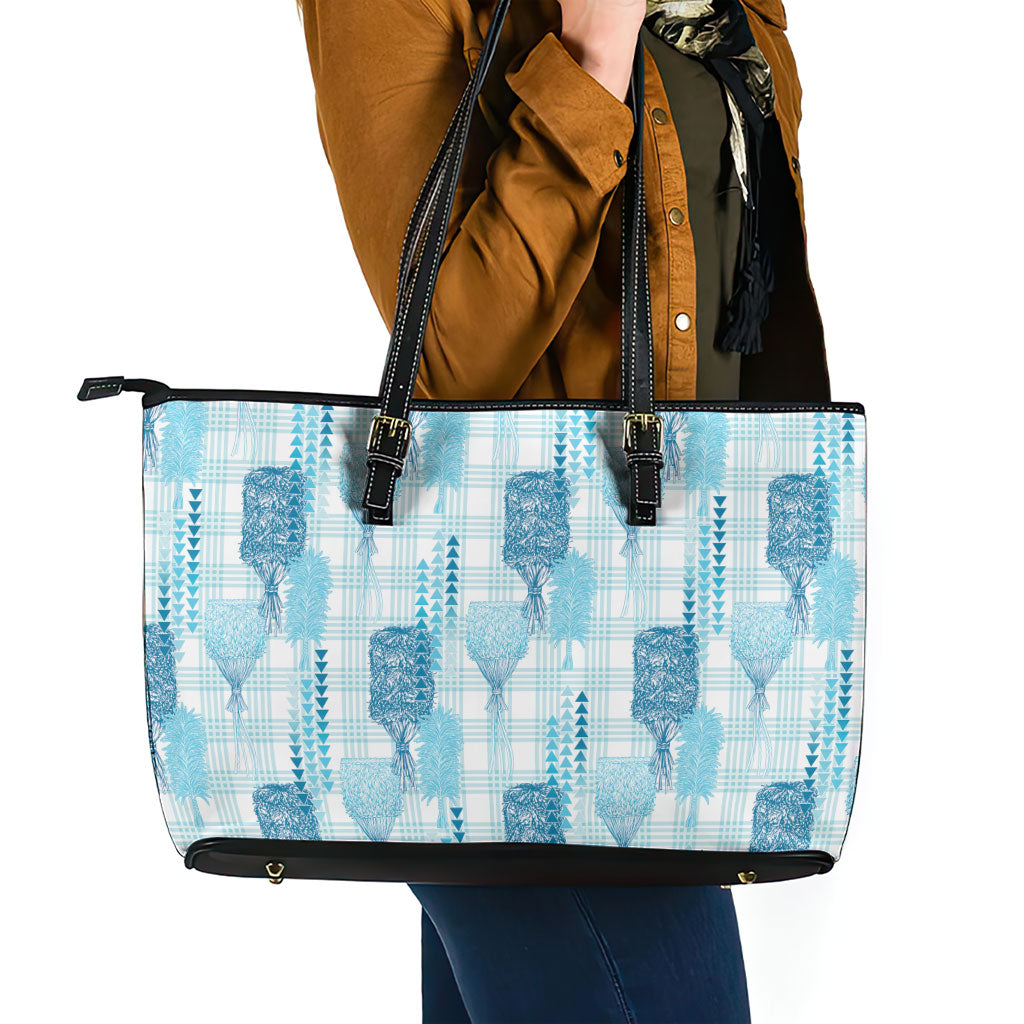 Aloha Hawaii Vintage Kahili Pa'a Lima Leather Tote Bag Palaka Print Oceanic Turquoise
