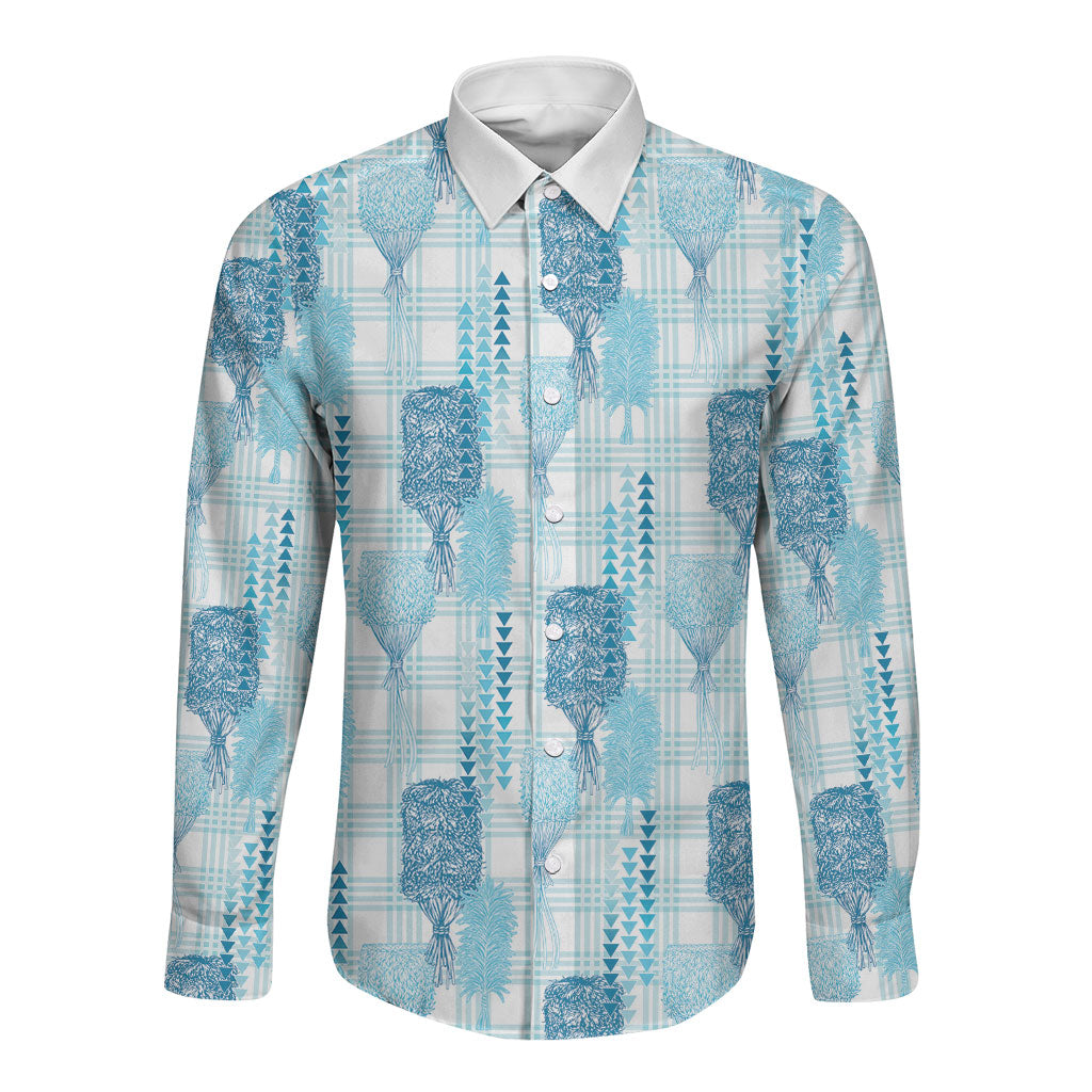 Aloha Hawaii Vintage Kahili Pa'a Lima Long Sleeve Button Shirt Palaka Print Oceanic Turquoise