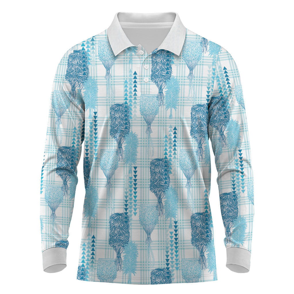 Aloha Hawaii Vintage Kahili Pa'a Lima Long Sleeve Polo Shirt Palaka Print Oceanic Turquoise