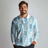Aloha Hawaii Vintage Kahili Pa'a Lima Long Sleeve Polo Shirt Palaka Print Oceanic Turquoise