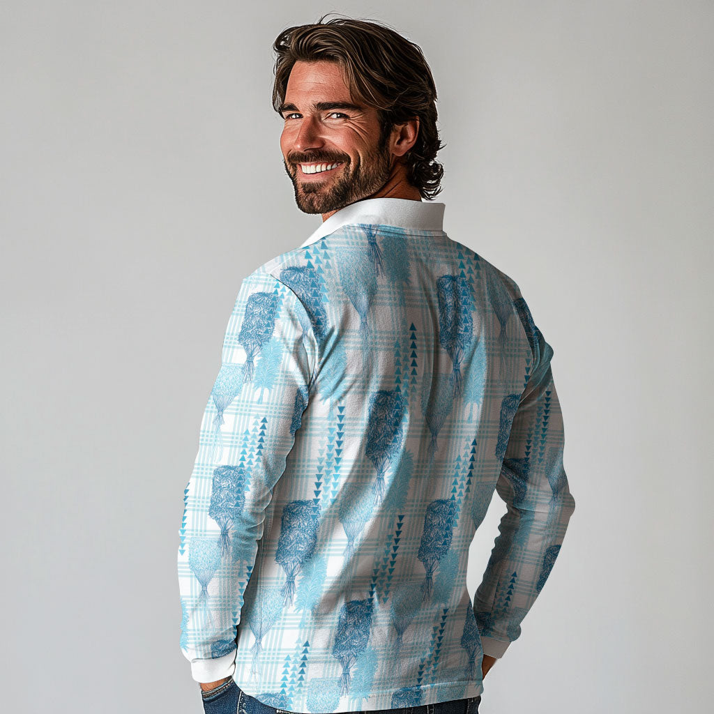 Aloha Hawaii Vintage Kahili Pa'a Lima Long Sleeve Polo Shirt Palaka Print Oceanic Turquoise