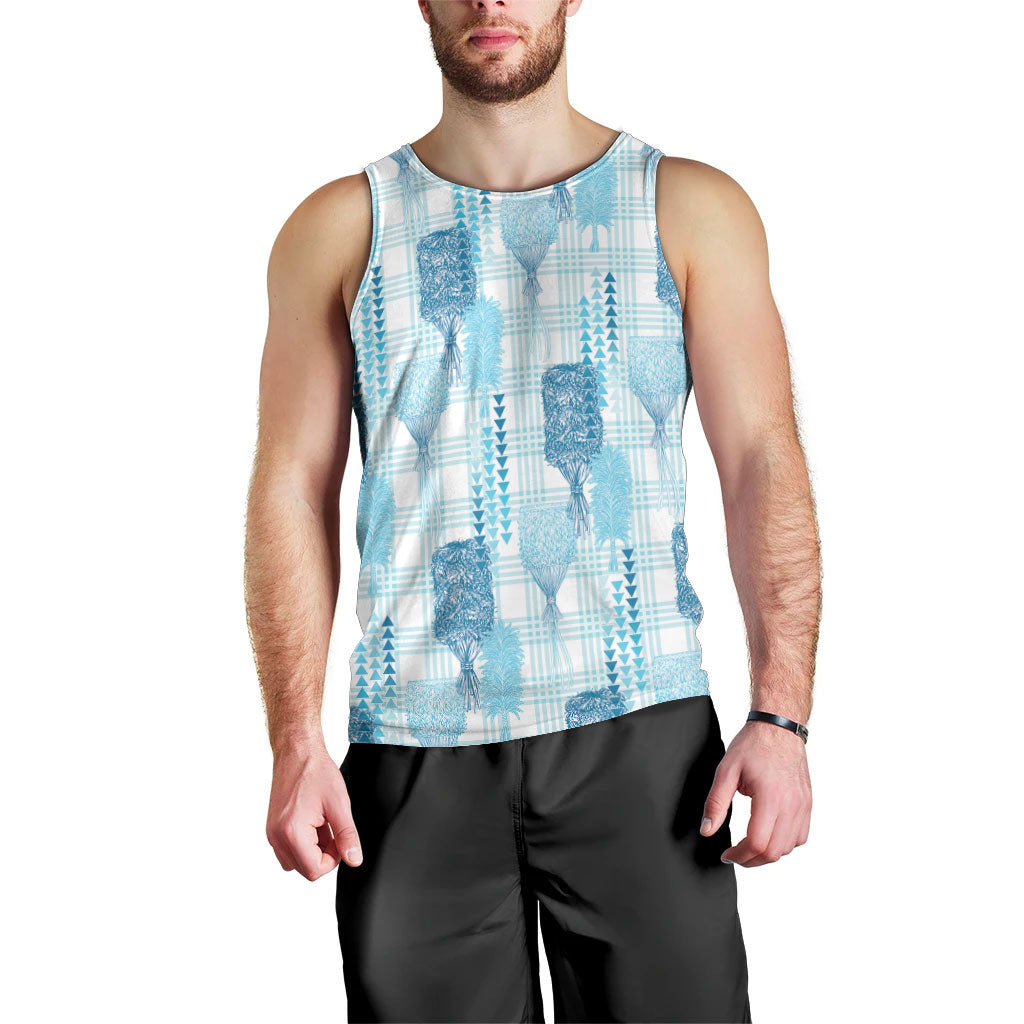 Aloha Hawaii Vintage Kahili Pa'a Lima Men Tank Top Palaka Print Oceanic Turquoise