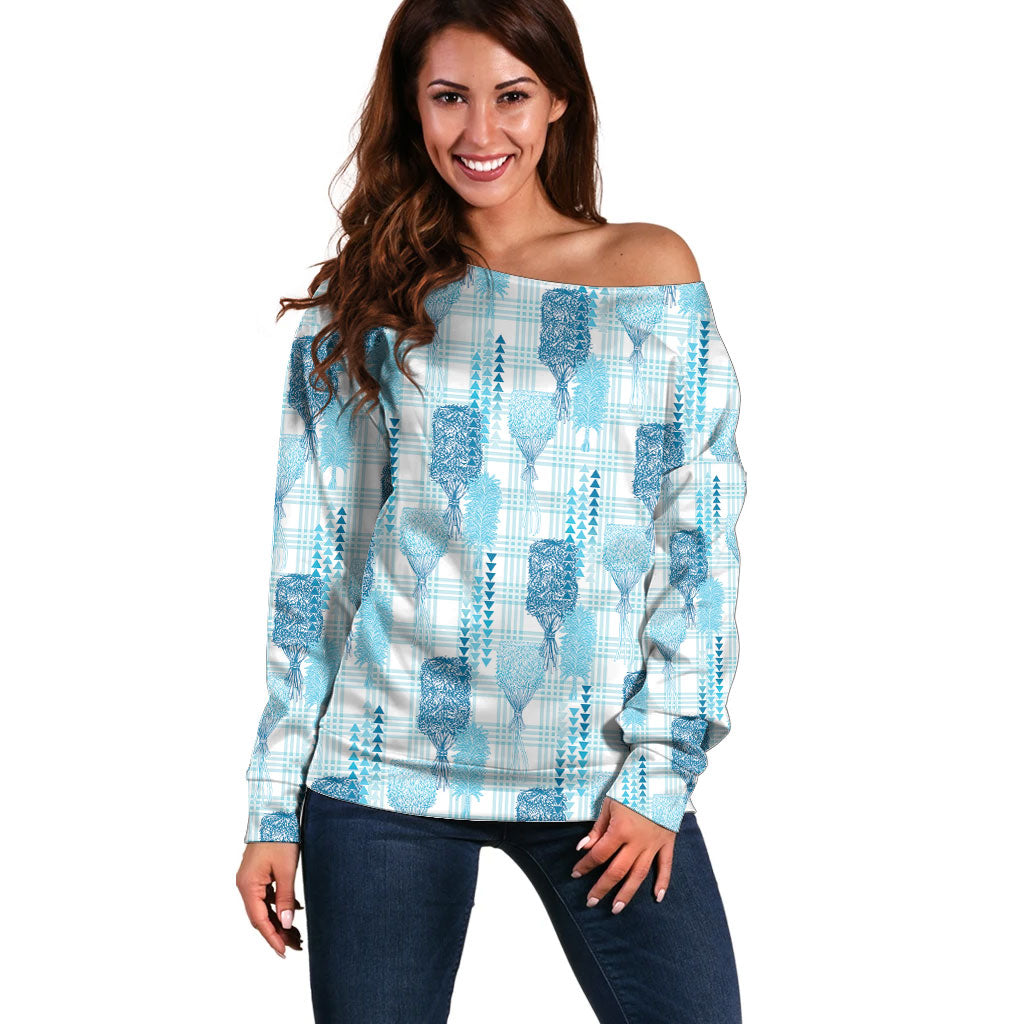 Aloha Hawaii Vintage Kahili Pa'a Lima Off Shoulder Sweater Palaka Print Oceanic Turquoise LT7 Women Turquoise - Polynesian Pride
