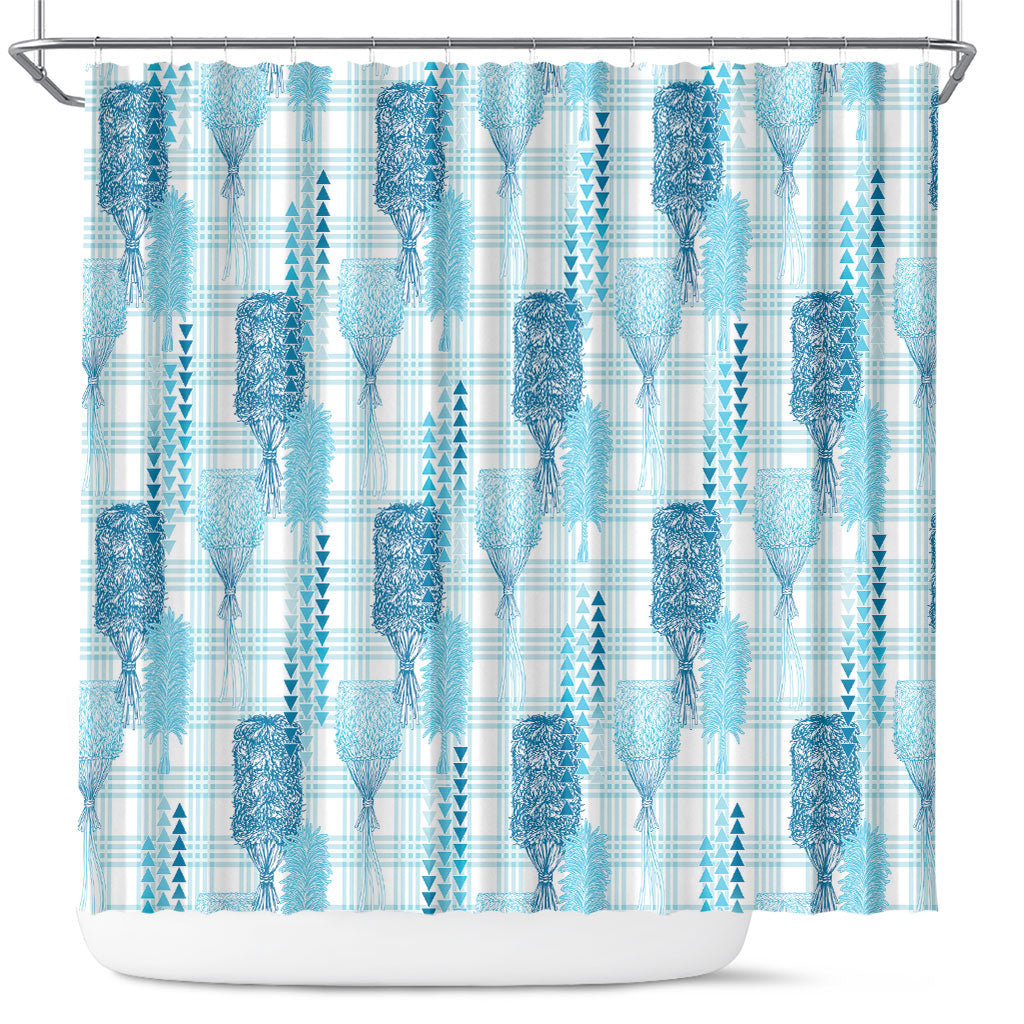 Aloha Hawaii Vintage Kahili Pa'a Lima Shower Curtain Palaka Print Oceanic Turquoise