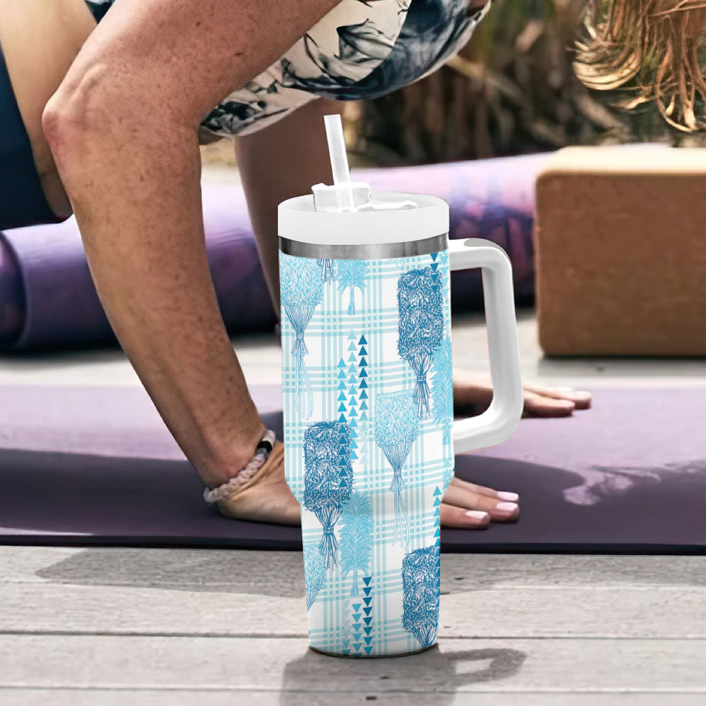 Aloha Hawaii Vintage Kahili Pa'a Lima Tumbler With Handle Palaka Print Oceanic Turquoise