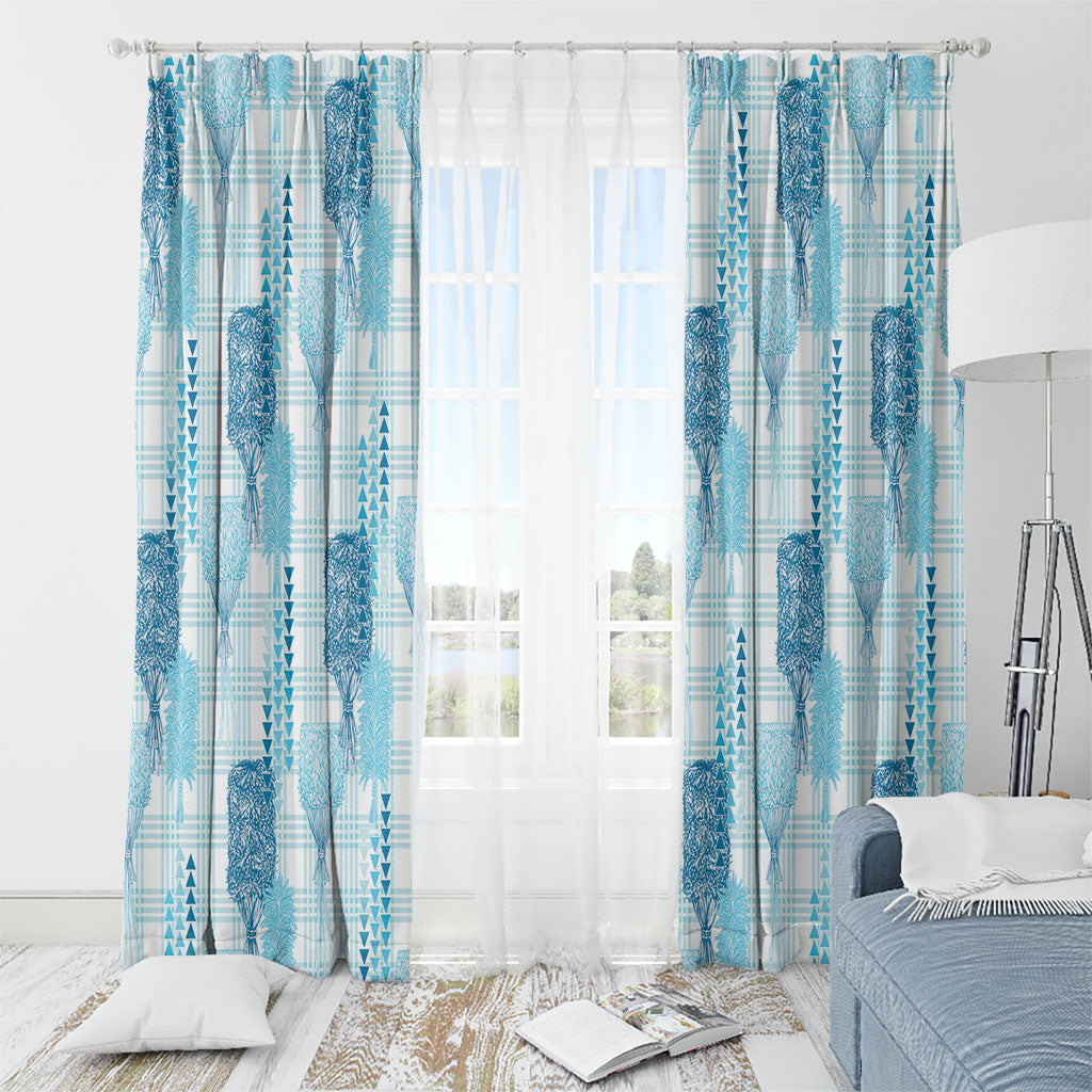 Aloha Hawaii Vintage Kahili Pa'a Lima Window Curtain Palaka Print Oceanic Turquoise