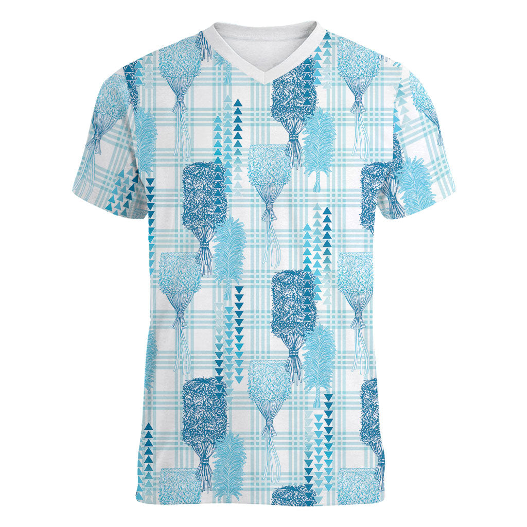 Aloha Hawaii Vintage Kahili Pa'a Lima Women V-Neck T-Shirt Palaka Print Oceanic Turquoise