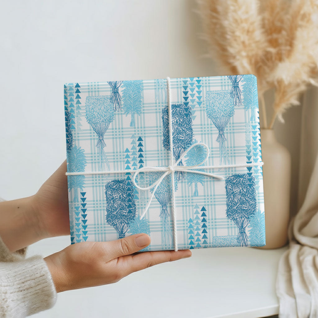 Aloha Hawaii Vintage Kahili Pa'a Lima Wrapping Paper Palaka Print Oceanic Turquoise