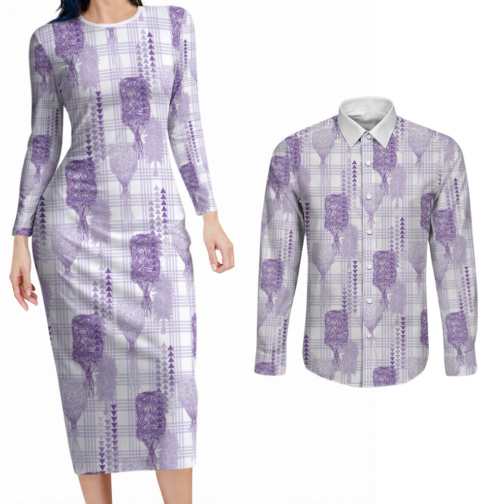 Aloha Hawaii Vintage Kahili Pa'a Lima Couples Matching Long Sleeve Bodycon Dress and Long Sleeve Button Shirt Palaka Print Pastel Lavender