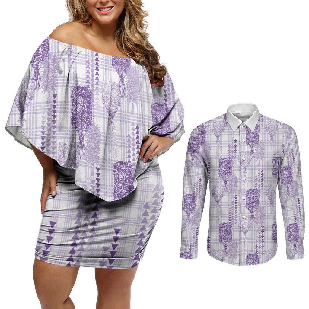 Aloha Hawaii Vintage Kahili Pa'a Lima Couples Matching Off Shoulder Short Dress and Long Sleeve Button Shirt Palaka Print Pastel Lavender