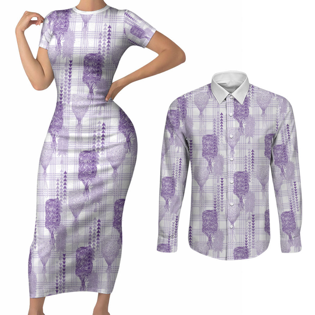 Aloha Hawaii Vintage Kahili Pa'a Lima Couples Matching Short Sleeve Bodycon Dress and Long Sleeve Button Shirt Palaka Print Pastel Lavender