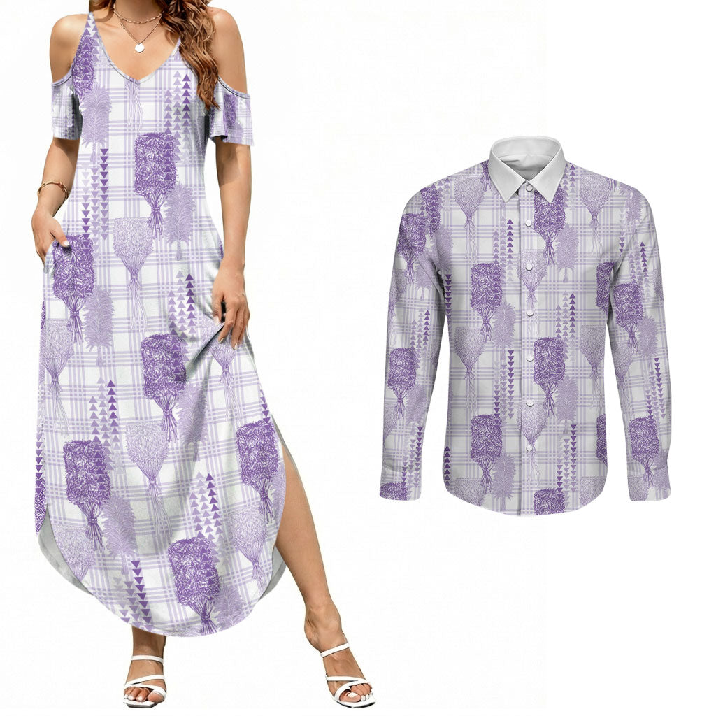 Aloha Hawaii Vintage Kahili Pa'a Lima Couples Matching Summer Maxi Dress and Long Sleeve Button Shirt Palaka Print Pastel Lavender