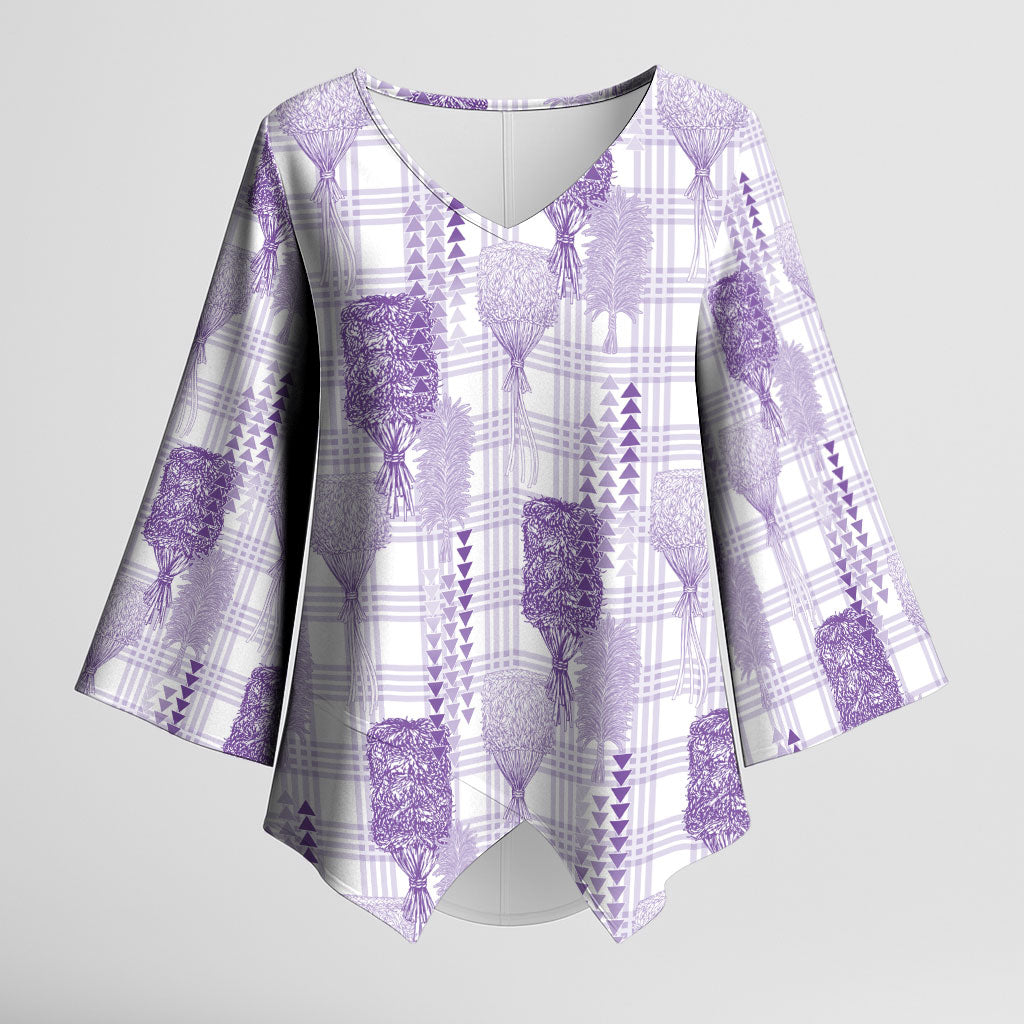 Aloha Hawaii Vintage Kahili Pa'a Lima Kimono Sleeve Blouse Palaka Print Pastel Lavender LT7 Female Lavender - Polynesian Pride