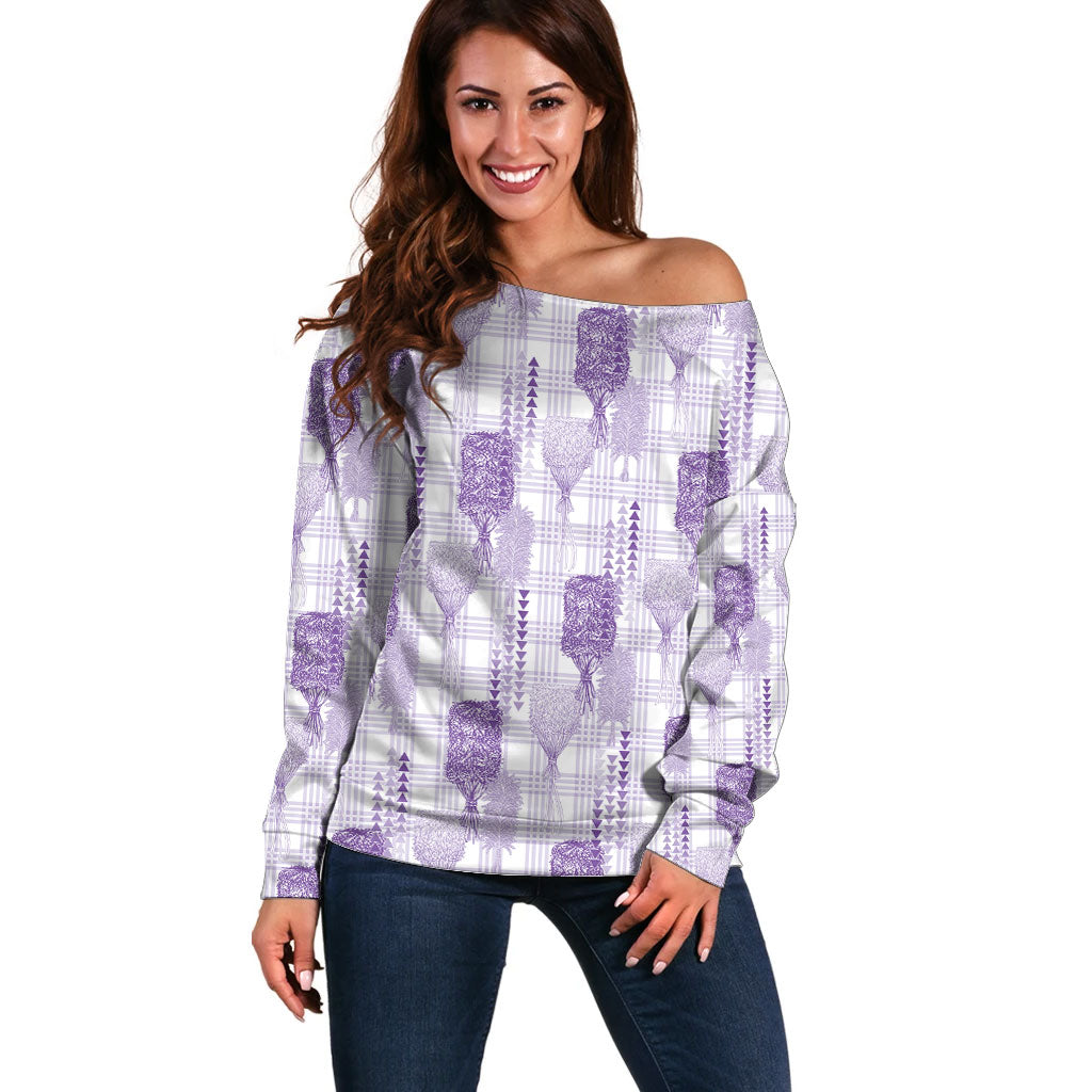 Aloha Hawaii Vintage Kahili Pa'a Lima Off Shoulder Sweater Palaka Print Pastel Lavender LT7 Women Lavender - Polynesian Pride