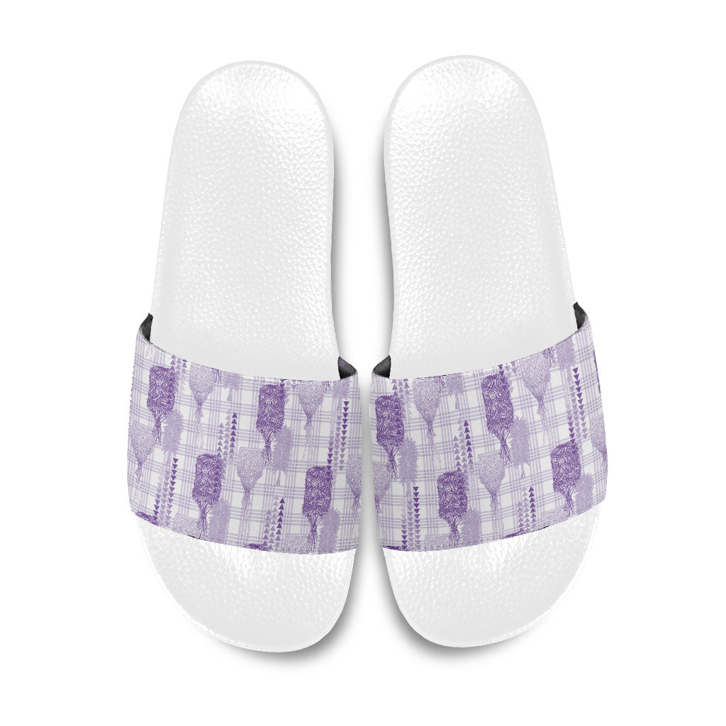 Aloha Hawaii Vintage Kahili Pa'a Lima Slide Sandals Palaka Print Pastel Lavender