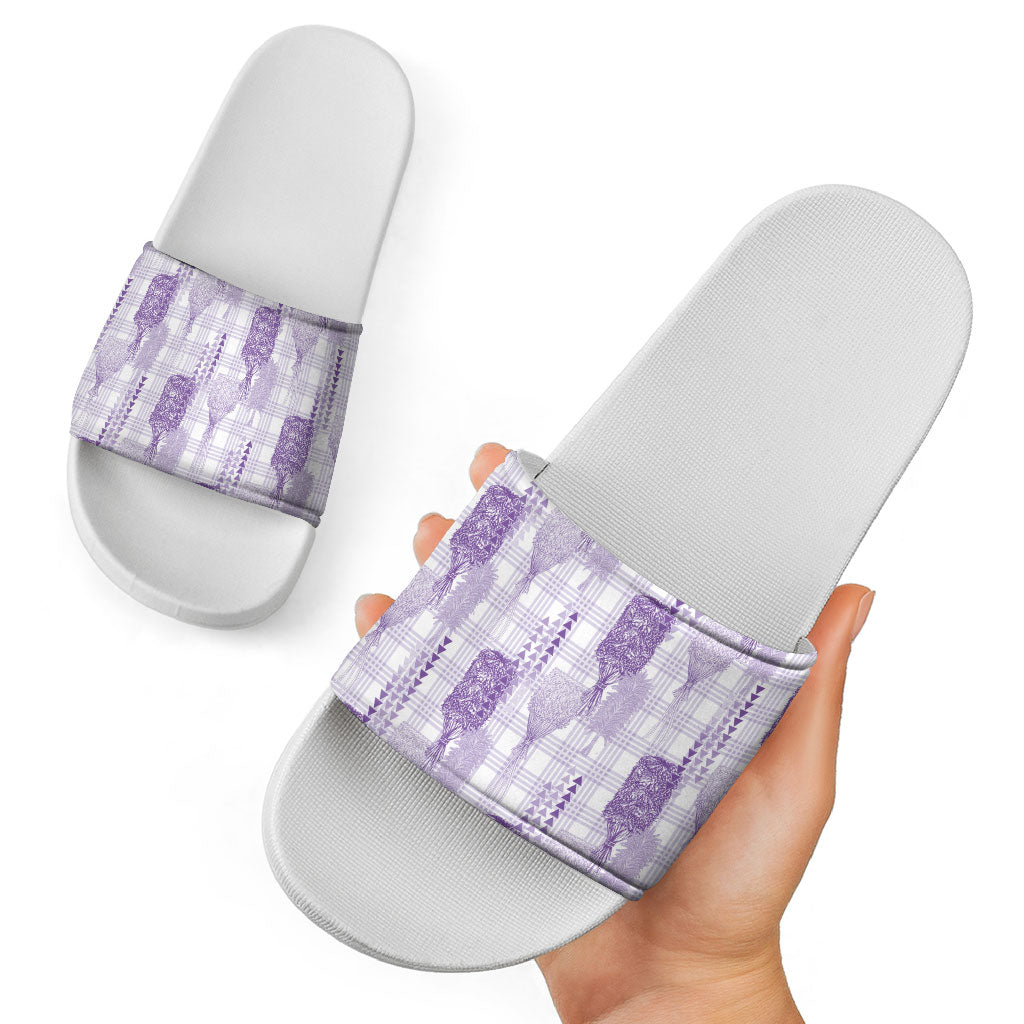 Aloha Hawaii Vintage Kahili Pa'a Lima Slide Sandals Palaka Print Pastel Lavender