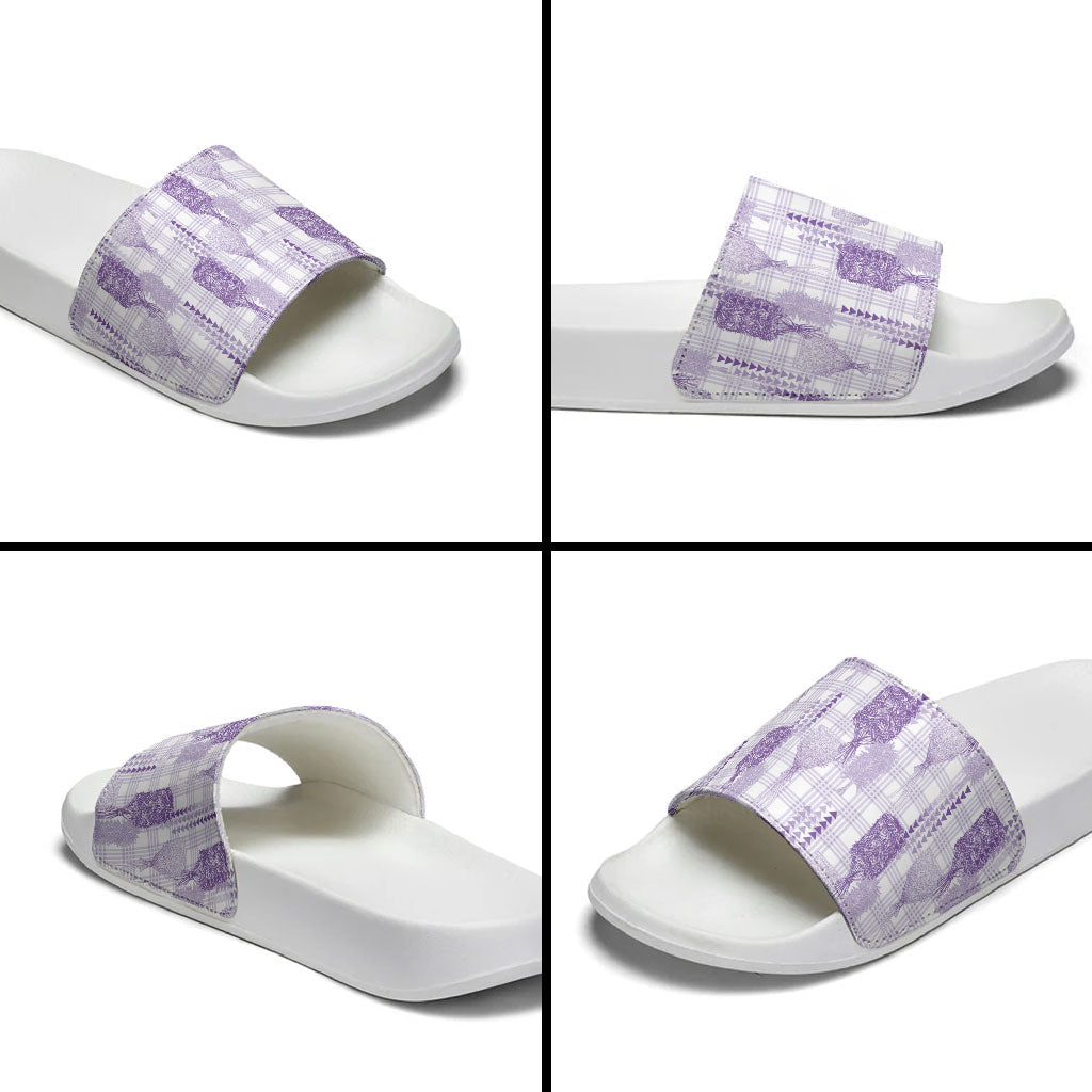 Aloha Hawaii Vintage Kahili Pa'a Lima Slide Sandals Palaka Print Pastel Lavender