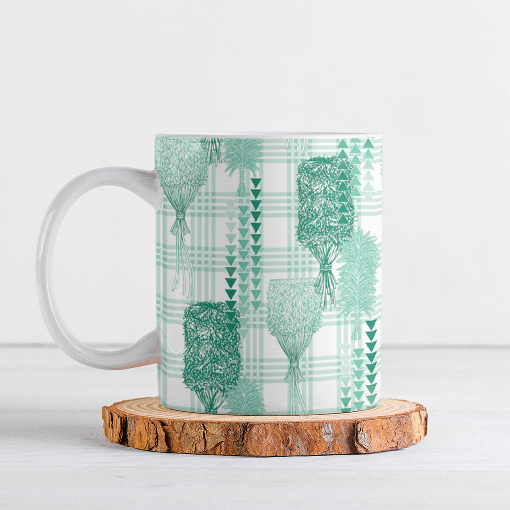 Aloha Hawaii Vintage Kahili Pa'a Lima Ceramic Mug Palaka Print Mossy Teal