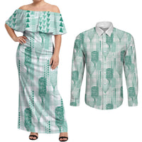 Aloha Hawaii Vintage Kahili Pa'a Lima Couples Matching Off Shoulder Maxi Dress and Long Sleeve Button Shirt Palaka Print Mossy Teal
