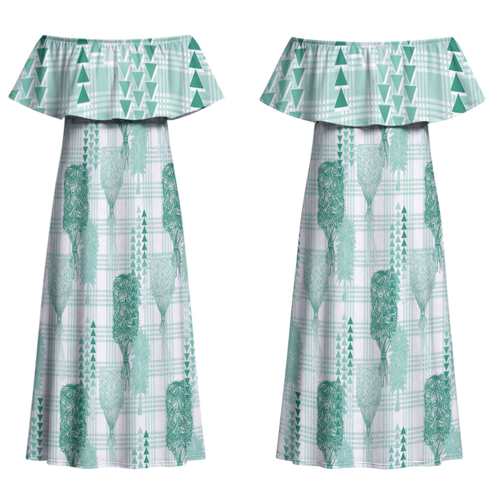 Aloha Hawaii Vintage Kahili Pa'a Lima Couples Matching Off Shoulder Maxi Dress and Long Sleeve Button Shirt Palaka Print Mossy Teal