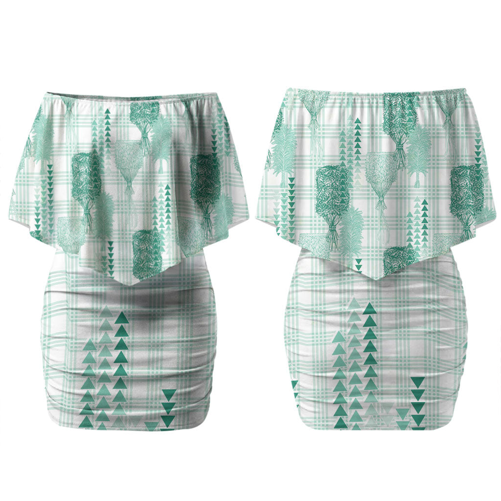 Aloha Hawaii Vintage Kahili Pa'a Lima Couples Matching Off Shoulder Short Dress and Hawaiian Shirt Palaka Print Mossy Teal