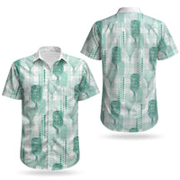Aloha Hawaii Vintage Kahili Pa'a Lima Couples Matching Off The Shoulder Long Sleeve Dress and Hawaiian Shirt Palaka Print Mossy Teal