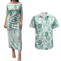Aloha Hawaii Vintage Kahili Pa'a Lima Couples Matching Puletasi and Hawaiian Shirt Palaka Print Mossy Teal