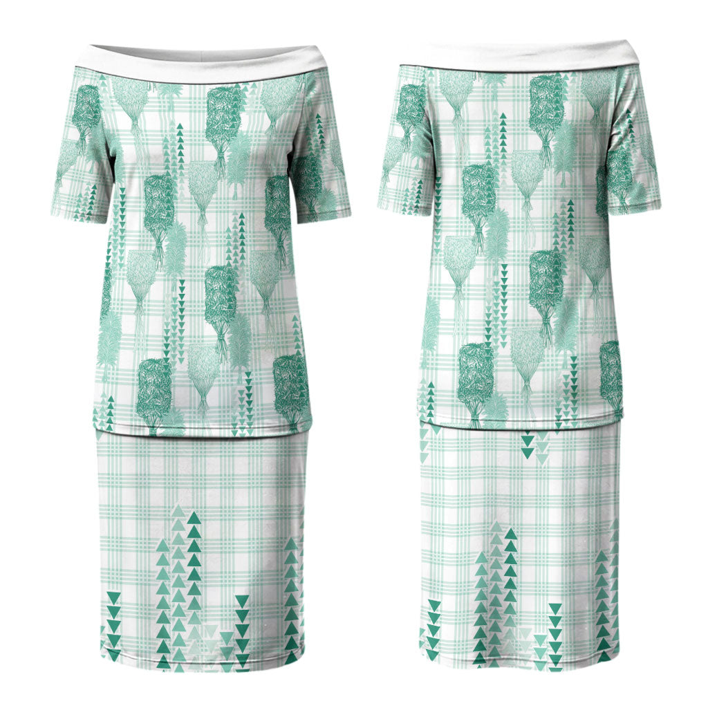 Aloha Hawaii Vintage Kahili Pa'a Lima Couples Matching Puletasi and Long Sleeve Button Shirt Palaka Print Mossy Teal