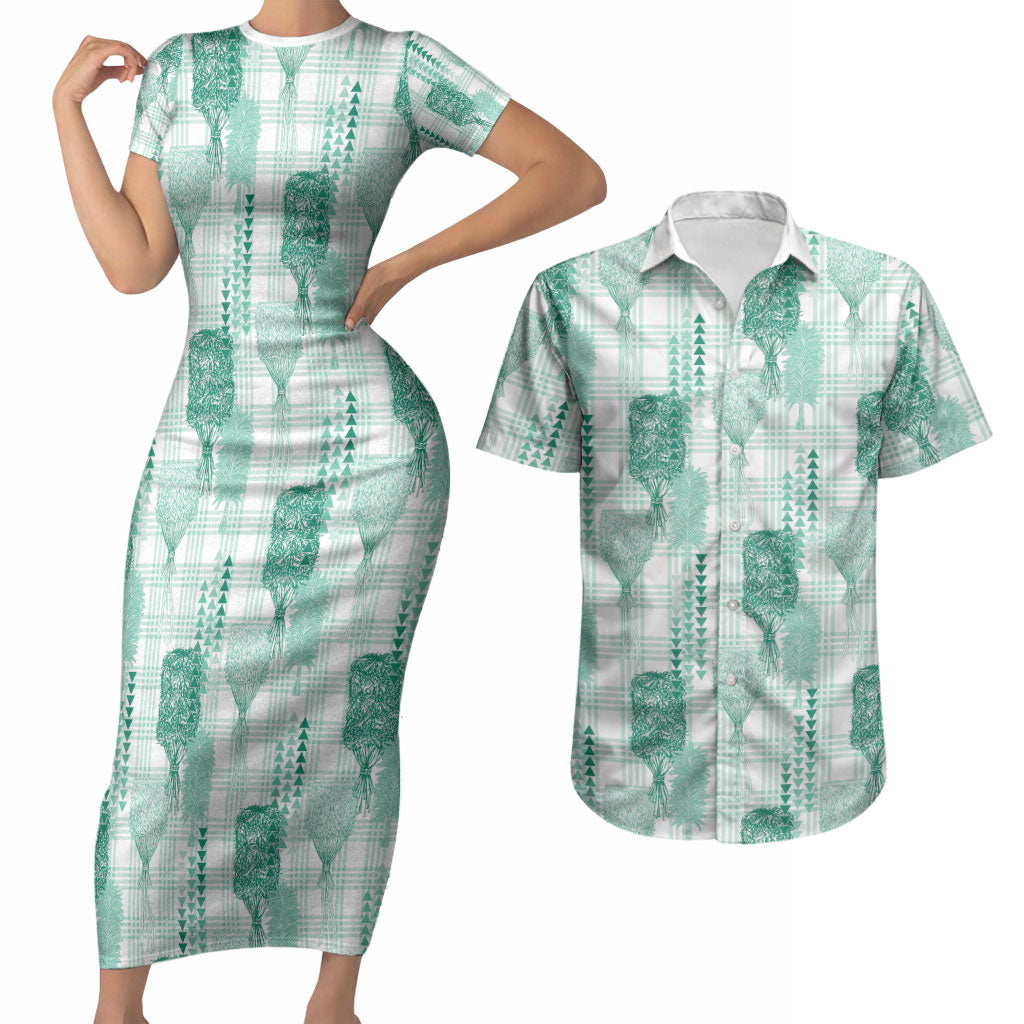 Aloha Hawaii Vintage Kahili Pa'a Lima Couples Matching Short Sleeve Bodycon Dress and Hawaiian Shirt Palaka Print Mossy Teal LT7 Mossy Teal - Polynesian Pride