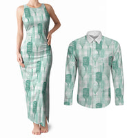 Aloha Hawaii Vintage Kahili Pa'a Lima Couples Matching Tank Maxi Dress and Long Sleeve Button Shirt Palaka Print Mossy Teal