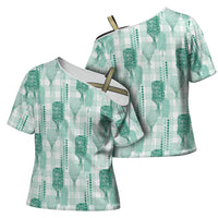 Aloha Hawaii Vintage Kahili Pa'a Lima Cross Shoulder Shirt Palaka Print Mossy Teal