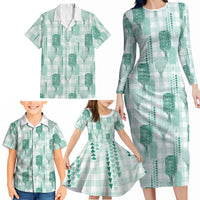 Aloha Hawaii Vintage Kahili Pa'a Lima Family Matching Long Sleeve Bodycon Dress and Hawaiian Shirt Palaka Print Mossy Teal