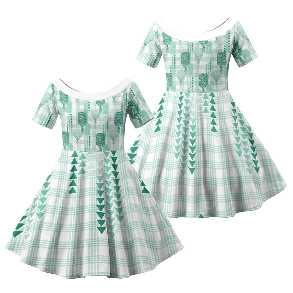Aloha Hawaii Vintage Kahili Pa'a Lima Family Matching Mermaid Dress and Hawaiian Shirt Palaka Print Mossy Teal