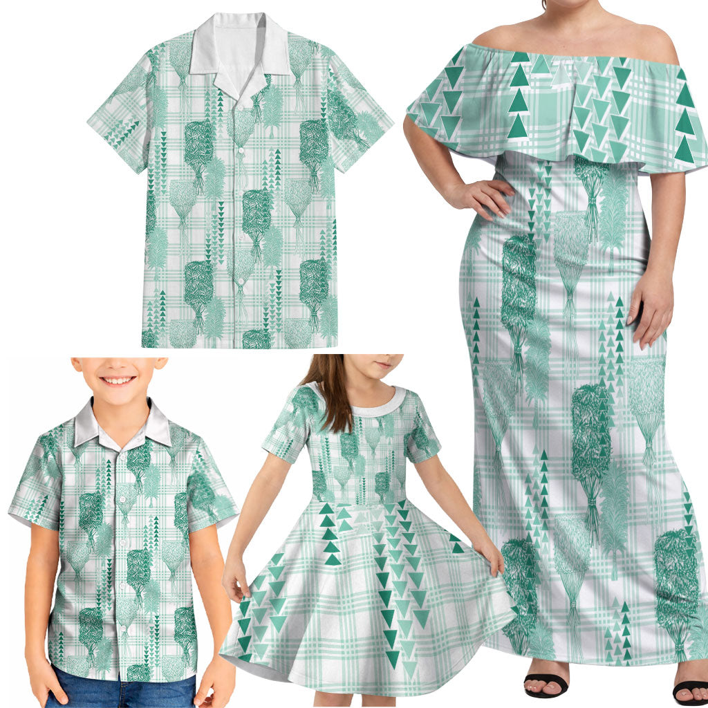 Aloha Hawaii Vintage Kahili Pa'a Lima Family Matching Off Shoulder Maxi Dress and Hawaiian Shirt Palaka Print Mossy Teal