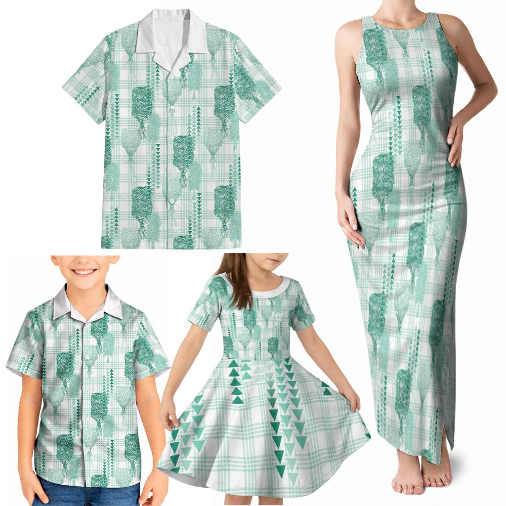 Aloha Hawaii Vintage Kahili Pa'a Lima Family Matching Tank Maxi Dress and Hawaiian Shirt Palaka Print Mossy Teal